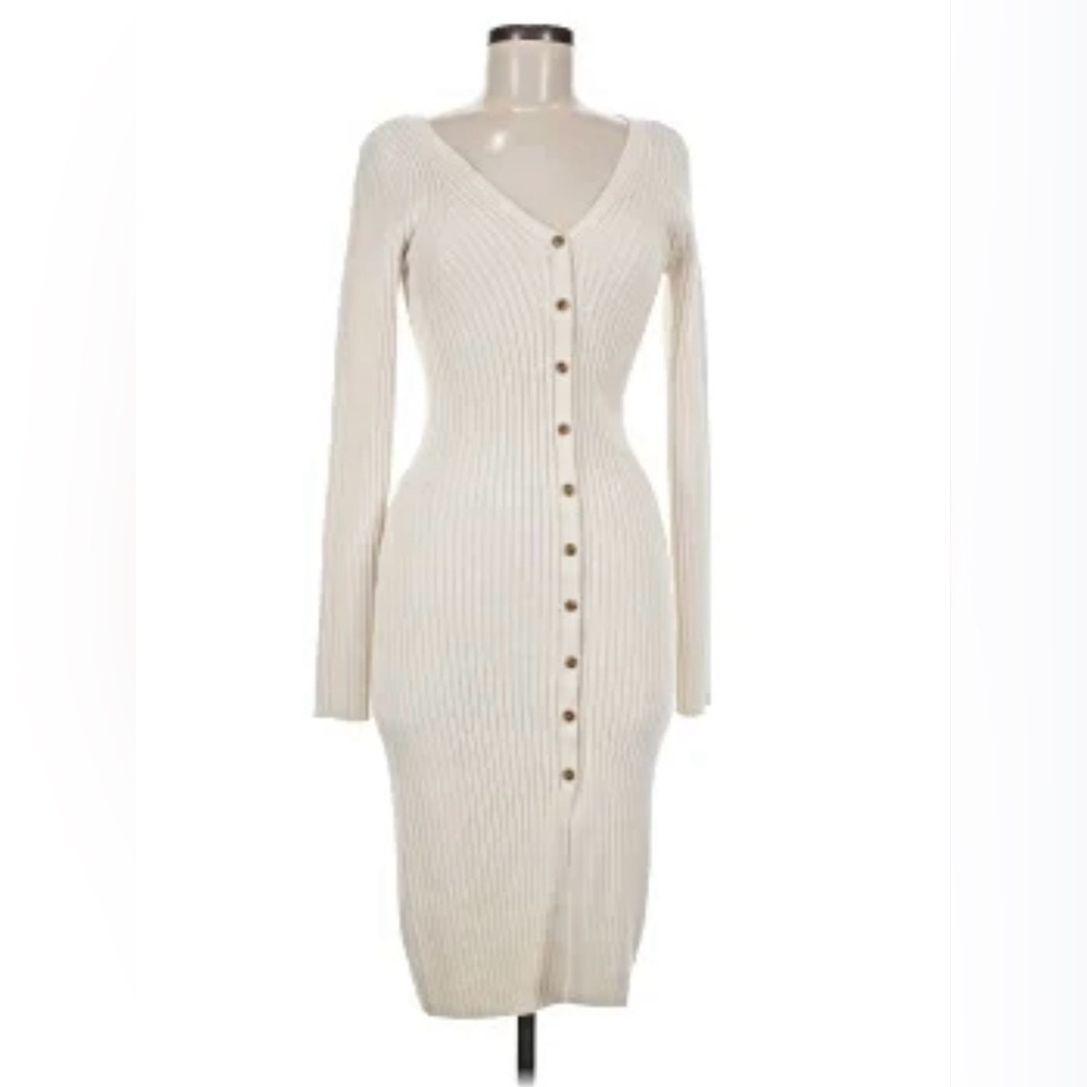 Happily Grey Cream Ribbed Button Down V Neck Long Sleeve Sweater Dress Medium‎